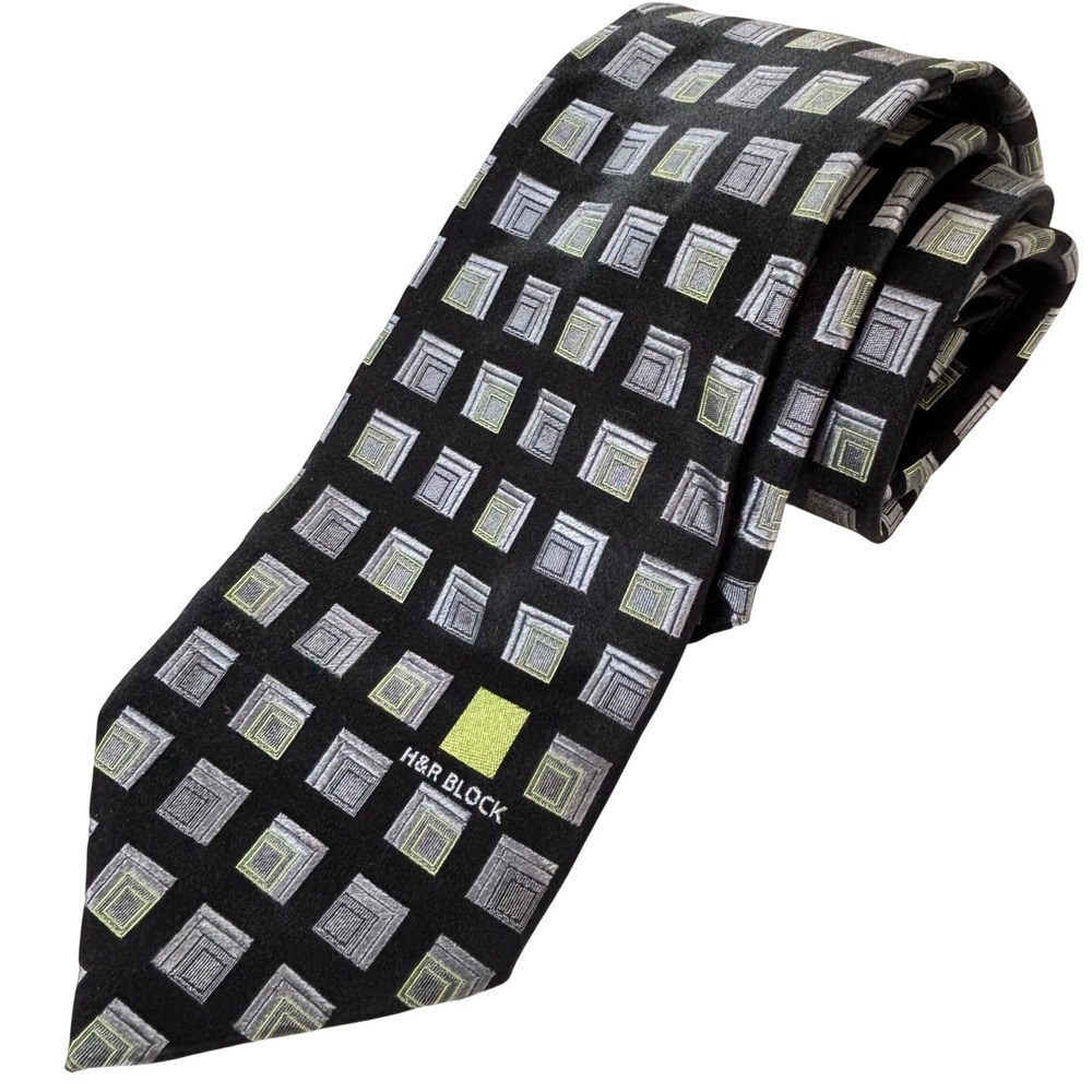 Diane Katzman H&R Block Tie Long 61" Black Green Geometric Corporate Advert